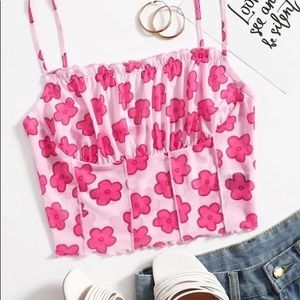 Pink Floral Mesh Milkmaid Top